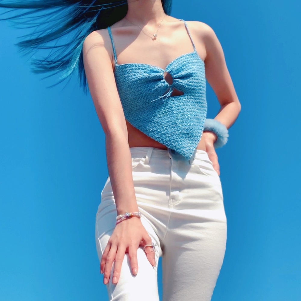 Handmade Crochet Sparkly Glittery Light Blue V Neck Bandana Top Cinched Bandeau
